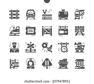 Railway. Signs at railway station. Train and locomotive. Direction, way, vehicle, railroad, transport, subway and road. Vector Solid Icons. Simple Pictogram