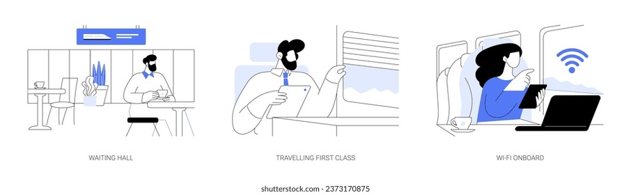 Railway station abstract concept vector illustration set. Passenger drinking coffee in waiting hall, businessman travelling first class train, onboard Wi-Fi in public transport abstract metaphor.