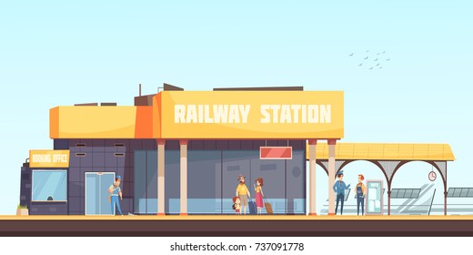 Railway station background booking office cleaner inspector and passengers waiting train on platform flat vector illustration