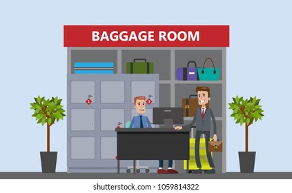 Railway station baggage room illustration with passengers and visitors.