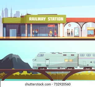 Railway station and railway bridge horizontal banners with people waiting transport and train moving on mountain background flat vector illustration 