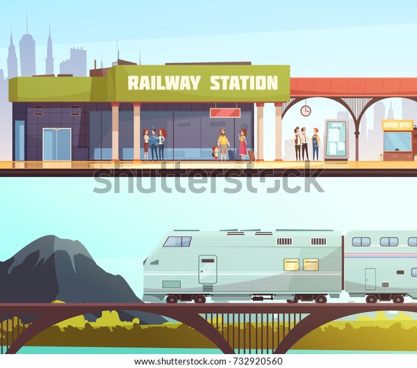 山の背景に駅や鉄道の橋の横架に 乗り継ぎ待ちの人や列車が動く横架けの横架けのバナー 平地ベクターイラスト のベクター画像素材 ロイヤリティフリー