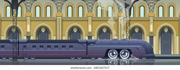 Edificio de la estación de tren, arquitectura art deco de principios del siglo XX. Tren de pasajeros en la plataforma. Locomotora vintage de vapor, vagones de pasajeros. Tren expreso de alta velocidad. Caricatura vectorial