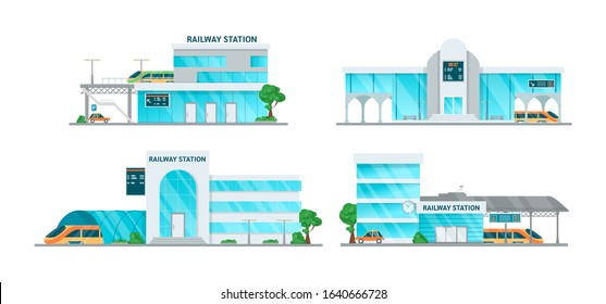 Railway station building cartoon set. Building of the railway station with platform for departure and arrival of trains, passenger terminal, timetables, taxi vector illustration