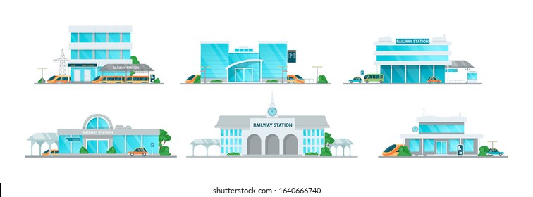 Railway station building cartoon set. Building of the railway station with platform for departure and arrival of trains, passenger terminal, timetables, taxi vector illustration