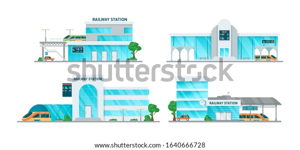 Railway station\
building cartoon set. Building of the railway station with platform\
for departure and arrival of trains, passenger terminal,\
timetables, taxi vector\
illustration