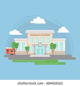 Railway station building. Isolated urban building with sign and window. City landscape with clouds and trees.