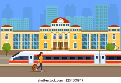 Railway station building with locomotive and girl on platform. Vector flat illustration