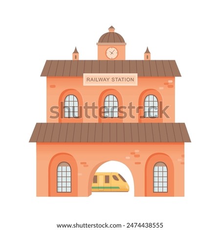 Railway station building vector illustration isolated on white. City train terminal. Front view of entrance in public transport construction with clock and windows. Urban infrastructure infographics.