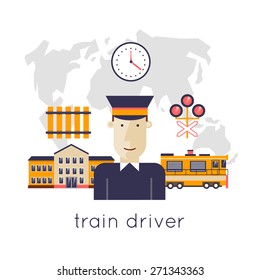 Railway station concept. Driver of the train station on the background of the train and maps. Train, watch, backpack, map, train station, rails. Flat icons vector illustration.