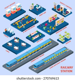 Railway station concept with isometric passanger transport elements vector illustration