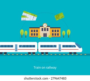 Railway station concept. Train on railway. Flat icons vector illustration.