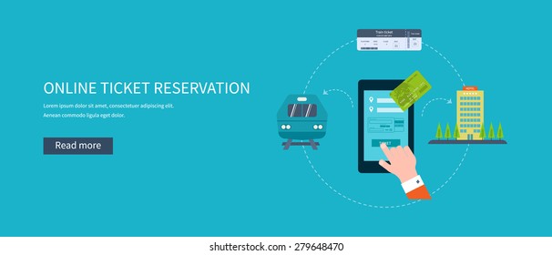 Railway station concept. Train on railway. Online ticket reservation. Flat icons vector illustration.
