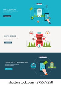 Railway station concept. Train on railway. Online ticket reservation. Hotel booking. Flat design modern vector illustration icons set of urban landscape and hotel service.