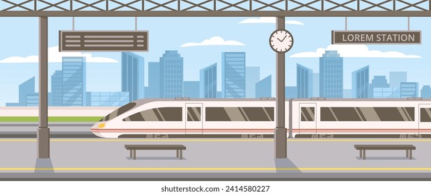 Concepto de estación de tren. Tren esperando a los pasajeros. Moderna infraestructura urbana para viajeros. Viaje y viaje. Transporte por ferrocarril en días soleados. Dibujo vectorial plano de dibujos animados