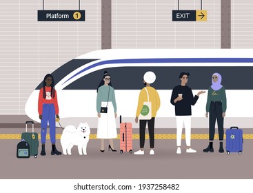 Railway station, a diverse group of passengers waiting on a platform, Travel concept