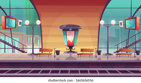 Railway Station, Empty Railroad Platform For Train With Glass Dome, Morris Billboard Pillar, Arrival Boards And Benches, Passengers Waiting Area, Public Transportation Cartoon Vector Illustration