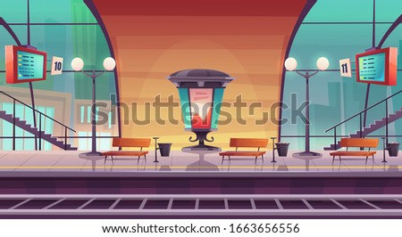 Railway station, empty railroad platform for train with glass dome, morris billboard pillar, arrival boards and benches, passengers waiting area, public transportation Cartoon vector illustration