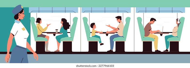 Railway station flat concept with passengers in train interior vector illustration