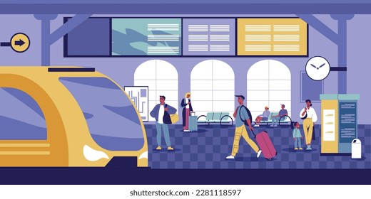 Railway station flat concept with passengers entering train vector illustration