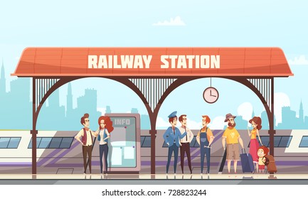 Railway station flat vector illustration with passengers and  travelers waiting train on railway platform