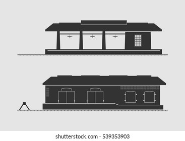 Railway station and goods shed. Vector illustration.