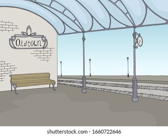 Railway station graphic train platform color sketch illustration vector