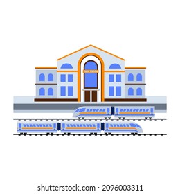 Estación de tren. Edificio de la estación de tren gris y azul con trenes modernos. Icono, clipart para sitio web, ferrocarril, entrega de bienes, aplicación de viajes. Ilustración plana vectorial, estilo de dibujos animados.