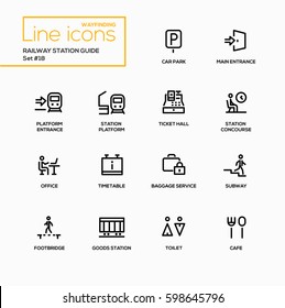 Railway Station Guide - modern vector line icons set.