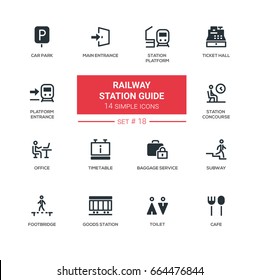 Railway station guide - modern vector icons, pictograms set. Car park, goods, 
 concourse, platform, main, entrance, ticket hall, timetable, luggage room, office, subway, footbridge, toilet, cafe