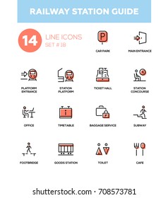 Railway station guide - modern vector icons, pictograms set. Car park, goods, 
 concourse, platform, main, entrance, ticket hall, timetable, luggage room, office, subway, footbridge, toilet, cafe