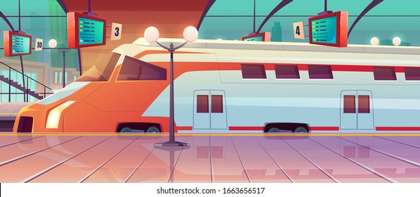 Railway station with high speed train and platform with schedule. Vector cartoon illustration of empty interior of subway waiting terminal with locomotive on railroad. Arrival passenger express
