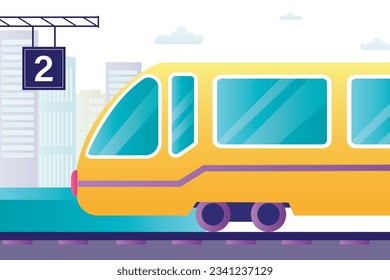 Railway station with high speed train and platform. Empty exterior of subway waiting terminal with locomotive on railroad. Arrival passenger express. City view on background. flat vector illustration