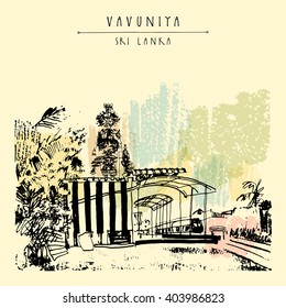 Railway station and Hindu temple in Vavuniya, Sri Lanka, Asia. Travel sketch. Hand-drawn vintage book illustration, touristic postcard or poster template in vector