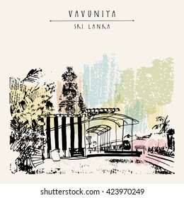 Railway station and Hindu temple in Vavuniya, Sri Lanka, Asia. Travel sketch. Hand-drawn vintage book illustration, touristic postcard or poster template in vector