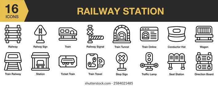 Railway Station icon set. Includes station, railroad, railway, transportation, train, and More. Outline icons vector collection.