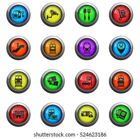 railway station icons on color round glass buttons for your design