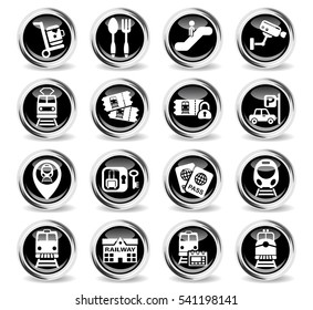 railway station icons on stylish round chromed buttons