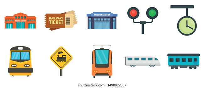 Railway station icons set. Flat set of railway station vector icons for web design