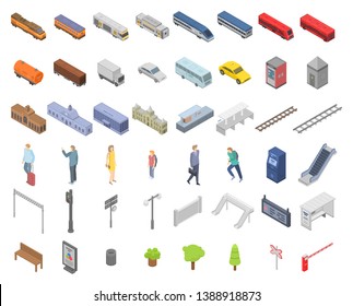 Railway station icons set. Isometric set of railway station vector icons for web design isolated on white background