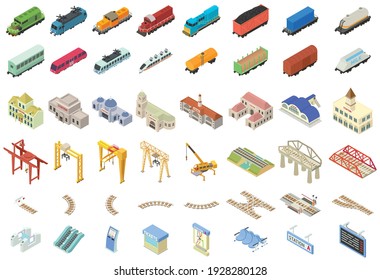 Iconos de la estación ferroviaria. Conjunto isométrico de iconos vectoriales de la estación ferroviaria para el diseño web aislado en fondo blanco