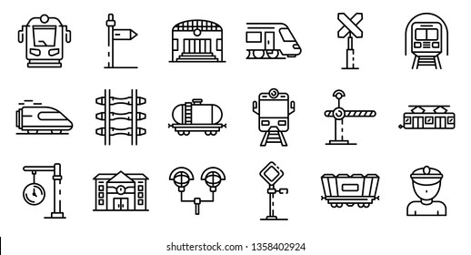 Railway station icons set. Outline set of railway station vector icons for web design isolated on white background