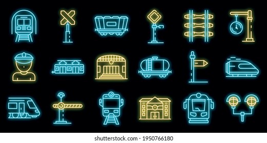 Railway station icons set. Outline set of railway station vector icons neon color on black