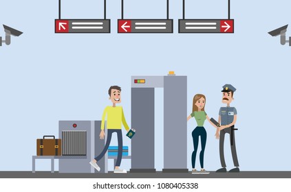 Railway station interior illustration with passengers and visitors.