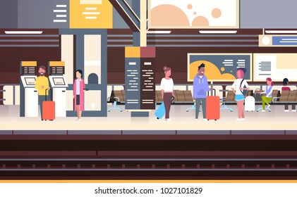 Railway Station Interior With People Passengers Waiting For Train Holding Bags Transport And Transportation Concept Vector Illustration