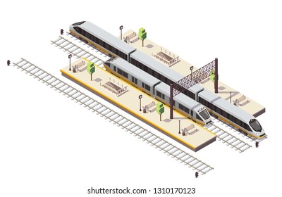 Railway station isometric composition with passenger platforms staircase tunnel entrance rail bus and high speed train vector illustration