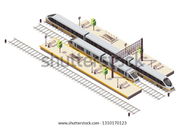 駅アイソメ図 旅客ホーム階段トンネル入り口軌条バスと高速列車ベクターイラスト のベクター画像素材 ロイヤリティフリー