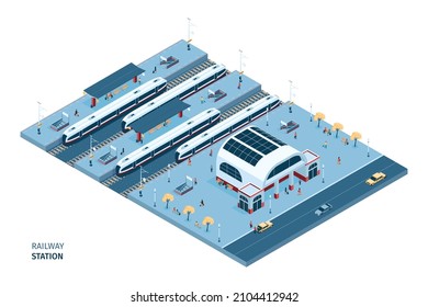 Composición isométrica de la estación ferroviaria con entrada de túnel por escalera en plataforma con pasajeros y trenes de alta velocidad en vías ferroviarias ilustración vectorial