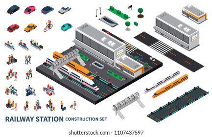 Railway station isometric constructor set of modern speed trains railroad track passenger private transport isolated elements vector illustration 