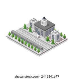 Estación de ferrocarril isométrica ilustrada en Vector